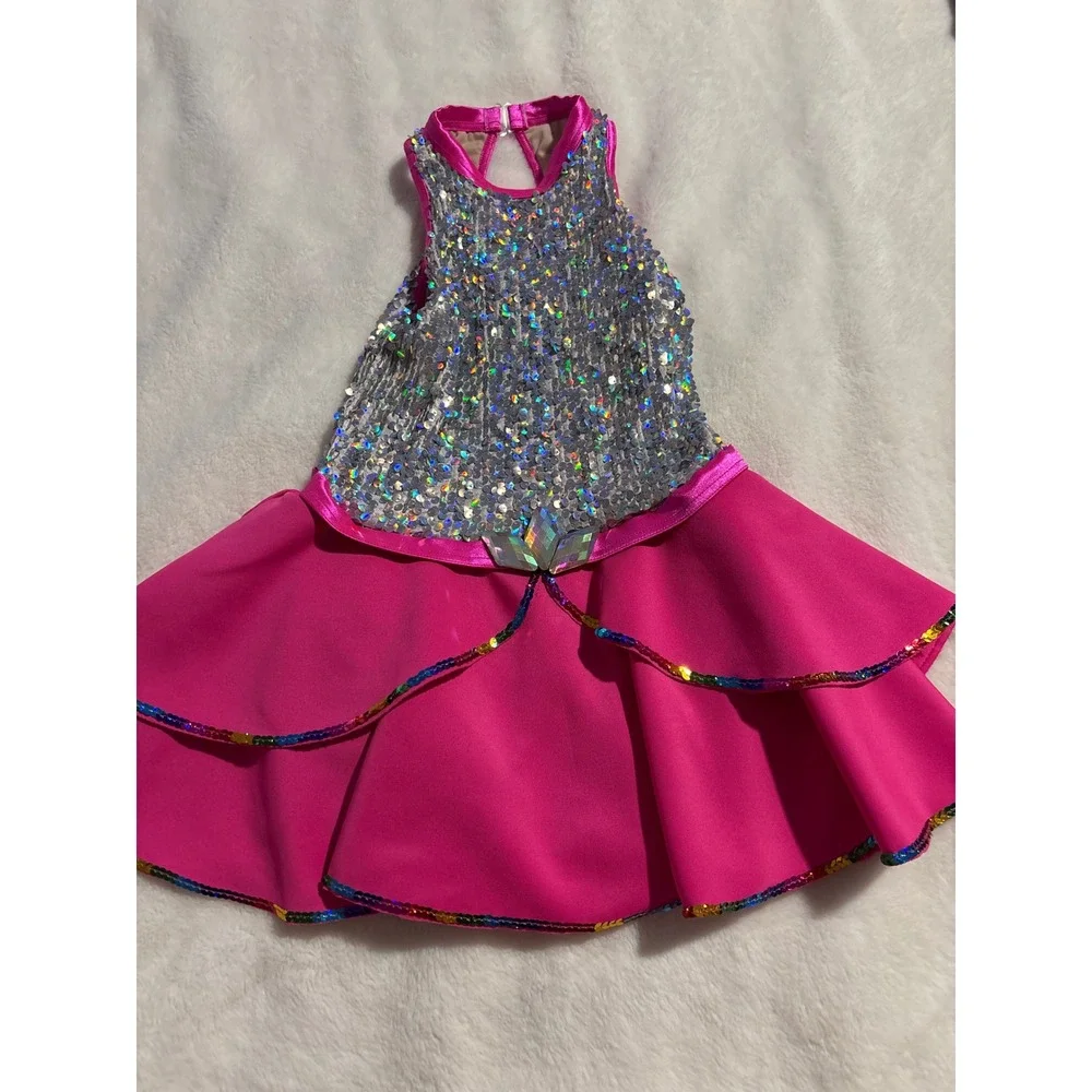 Weissman Kids LC Pink Silver Sequin Dance Costume Halter Dress Rainbow Trim